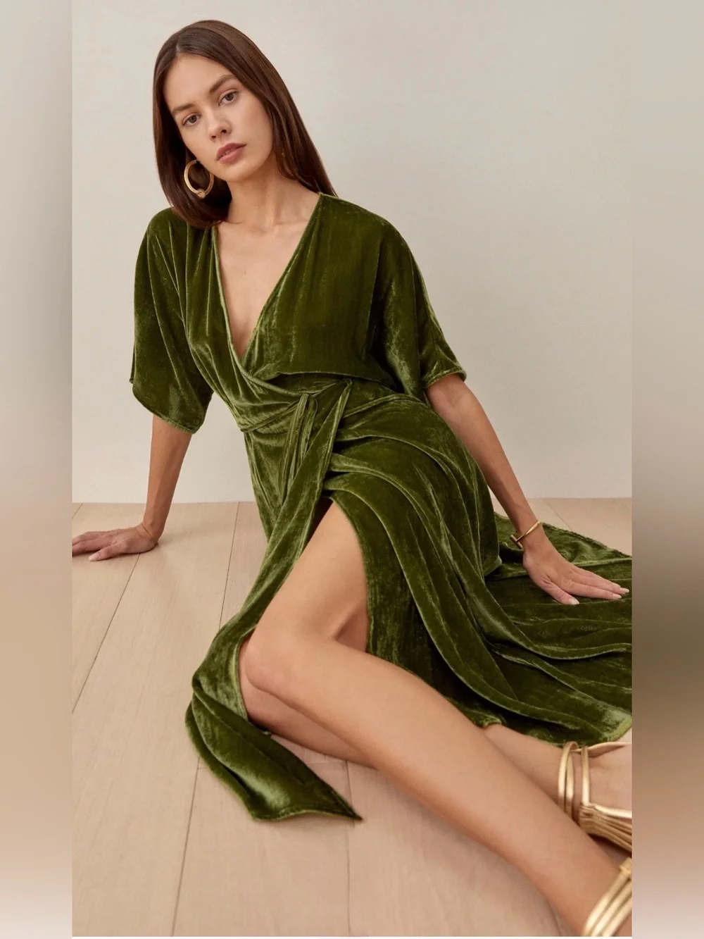 Reformation Analynne Velvet Wrap Dress Artichoke Green Midi High Slit - Picture 2 of 7